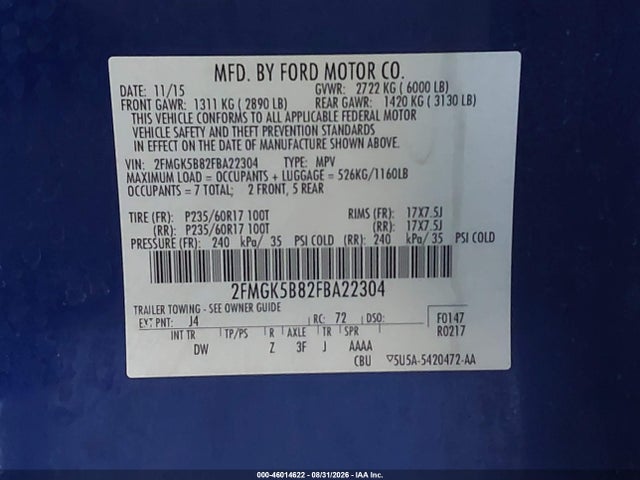Ford FLEX SE 2015 2FMGK5B82FBA22304 Image 9