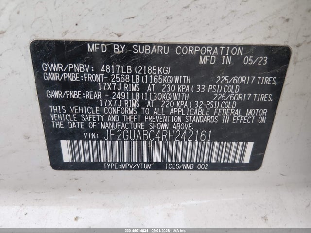 Продаж на аукціоні авто 2024 Subaru Crosstrek, vin: JF2GUABC4RH242161, номер лоту: 46014634