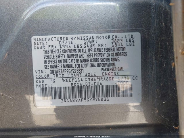 Продаж на аукціоні авто 2016 Nissan Sentra Fe+ S/s/sl/sr/sv, vin: 3N1AB7AP9GY276831, номер лоту: 46014635