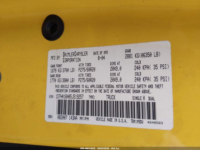 46014638 :رقم المزاد ، 1D7HA16N05J519257 vin ، 2005 Dodge Ram 1500 St/slt مزاد بيع