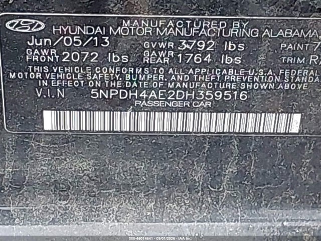 Aukcja sprzedaży 2013 Hyundai Elantra Gls, vin: 5NPDH4AE2DH359516, numer aukcji: 46014641