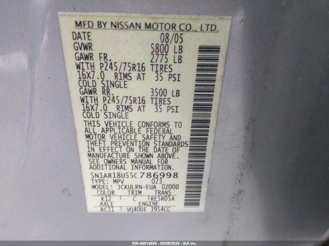 Продажа на аукционе авто 2005 Nissan Pathfinder Xe, vin: 5N1AR18U55C786998, номер лота: 46014696