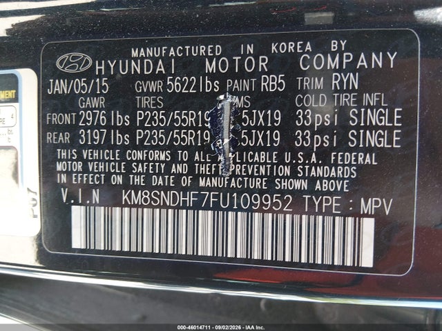 Продажа на аукционе авто 2015 Hyundai Santa Fe Limited, vin: KM8SNDHF7FU109952, номер лота: 46014711