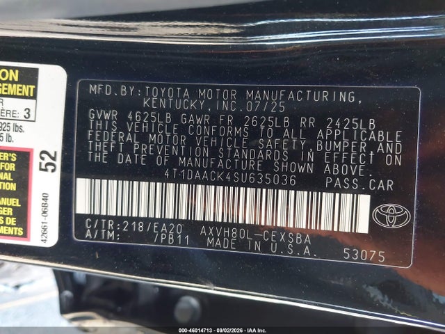 2025 Toyota Camry Se მანქანა იყიდება აუქციონზე, vin: 4T1DAACK4SU635036, აუქციონის ნომერი: 46014713