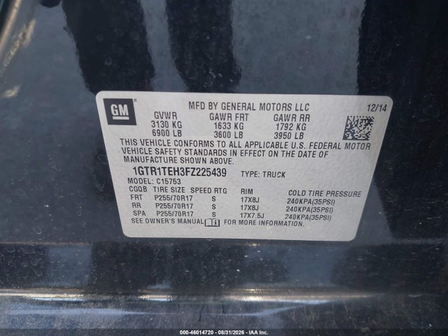 Aukcja sprzedaży 2015 Gmc Sierra 1500, vin: 1GTR1TEH3FZ225439, numer aukcji: 46014720