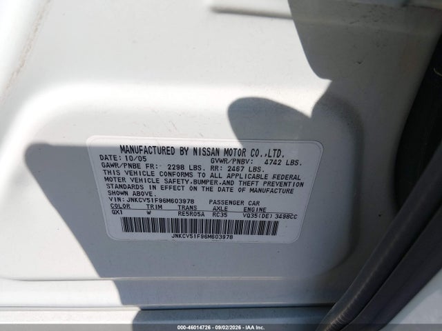 2006 Infiniti G35x მანქანა იყიდება აუქციონზე, vin: JNKCV51F96M603978, აუქციონის ნომერი: 46014726