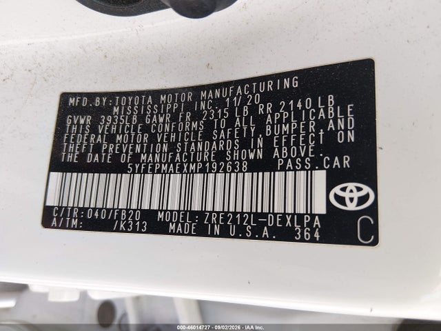 2021 Toyota Corolla Le მანქანა იყიდება აუქციონზე, vin: 5YFEPMAEXMP192638, აუქციონის ნომერი: 46014727