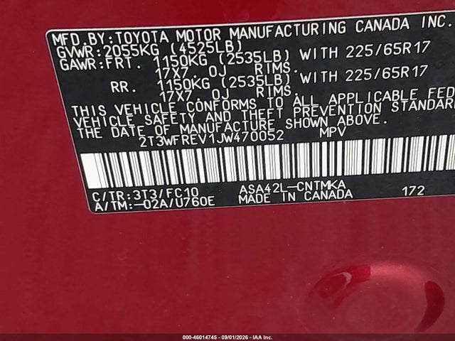 46014745 :رقم المزاد ، 2T3WFREV1JW470052 vin ، 2018 Toyota Rav4 Xle مزاد بيع