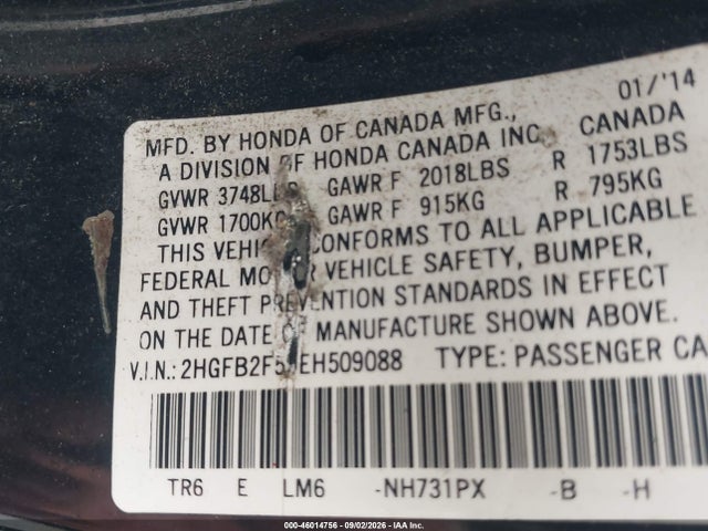 46014756 :رقم المزاد ، 2HGFB2F59EH509088 vin ، 2014 Honda Civic Lx مزاد بيع