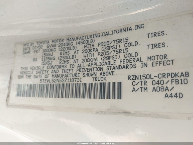 Aukcja sprzedaży 2002 Toyota Tacoma, vin: 5TEVL52N52Z118731, numer aukcji: 46014765