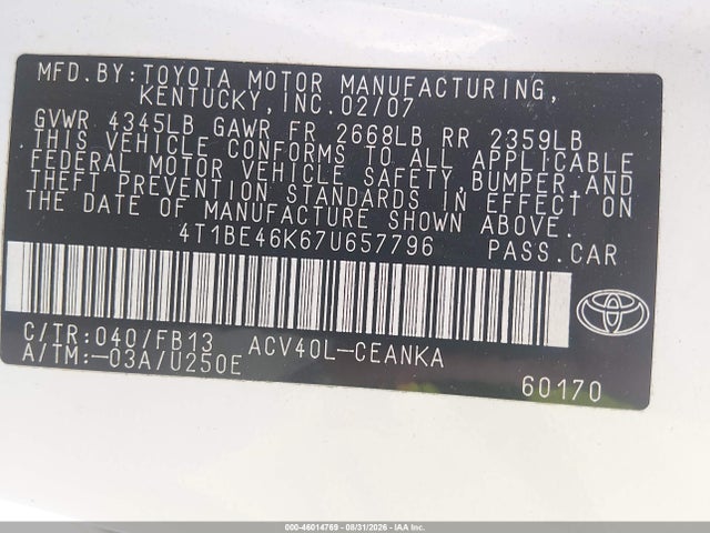 Продажа на аукционе авто 2007 Toyota Camry Le, vin: 4T1BE46K67U657796, номер лота: 46014769