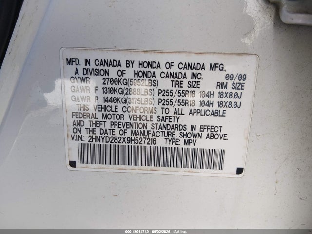 46014780 :رقم المزاد ، 2HNYD282X9H527216 vin ، 2009 Acura Mdx مزاد بيع