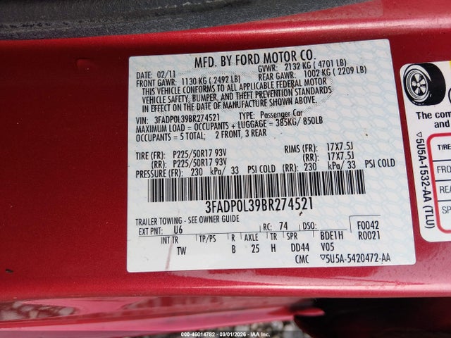 Aukcja sprzedaży 2011 Ford Fusion Hybrid, vin: 3FADP0L39BR274521, numer aukcji: 46014782