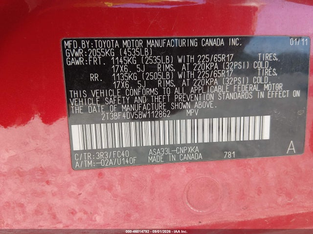2011 Toyota Rav4 მანქანა იყიდება აუქციონზე, vin: 2T3BF4DV5BW112862, აუქციონის ნომერი: 46014792