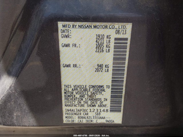 Aukcja sprzedaży 2014 Nissan Altima 2.5 S, vin: 1N4AL3AP3EC123148, numer aukcji: 46014798