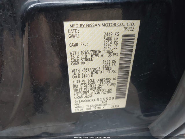 2012 Nissan Xterra X მანქანა იყიდება აუქციონზე, vin: 5N1AN0NW1CC516529, აუქციონის ნომერი: 46014809