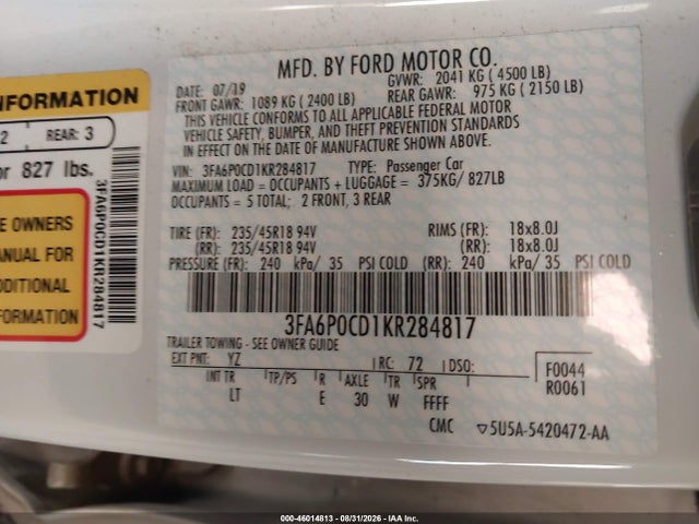 Продажа на аукционе авто 2019 Ford Fusion Sel, vin: 3FA6P0CD1KR284817, номер лота: 46014813