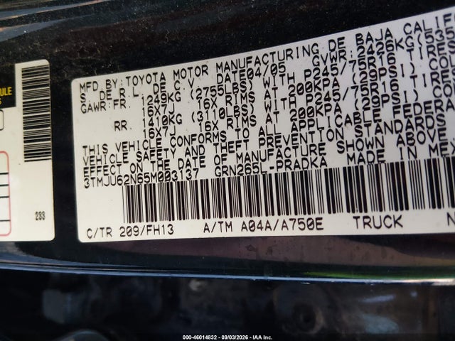 Продаж на аукціоні авто 2005 Toyota Tacoma Prerunner V6, vin: 3TMJU62N65M003137, номер лоту: 46014832