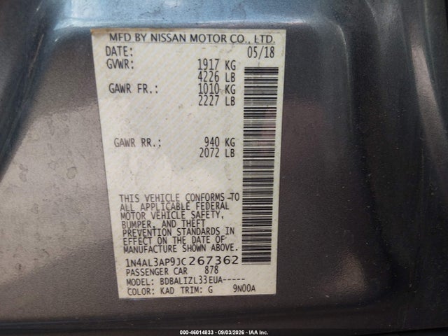 1N4AL3AP9JC267362 Nissan Altima 2.5 Sv