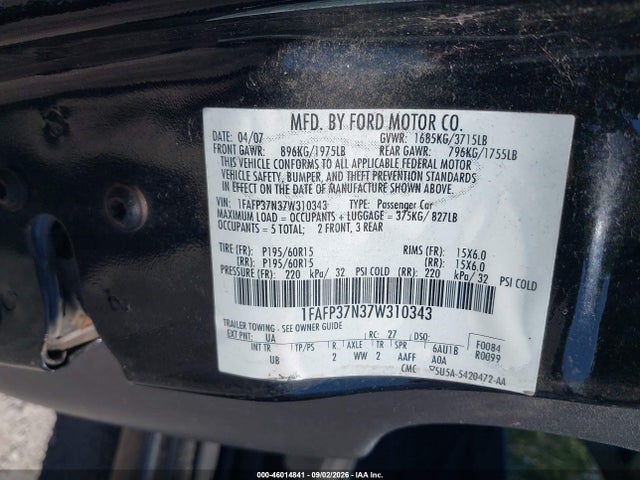 Продаж на аукціоні авто 2007 Ford Focus S/se/ses, vin: 1FAFP37N37W310343, номер лоту: 46014841