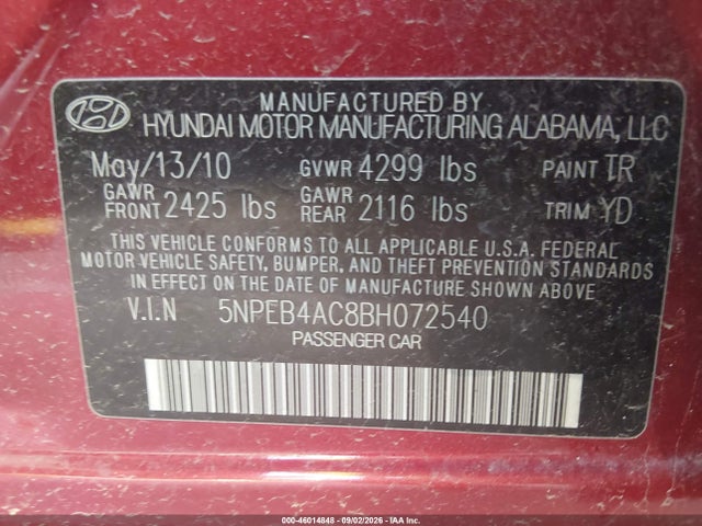 Aukcja sprzedaży 2011 Hyundai Sonata Gls, vin: 5NPEB4AC8BH072540, numer aukcji: 46014848