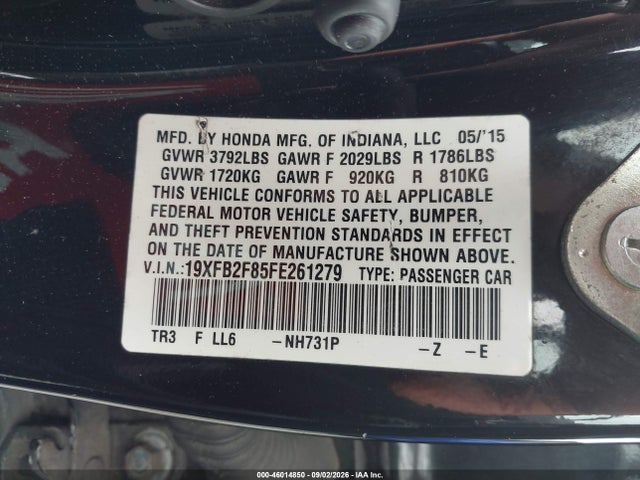 46014850 :رقم المزاد ، 19XFB2F85FE261279 vin ، 2015 Honda Civic Ex مزاد بيع