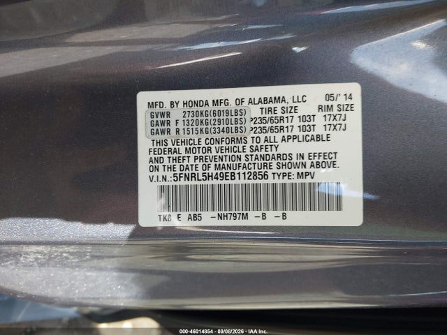 Aukcja sprzedaży 2014 Honda Odyssey Ex, vin: 5FNRL5H49EB112856, numer aukcji: 46014854