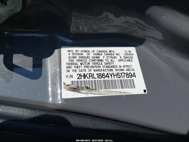 46014873 :رقم المزاد ، 2HKRL1864YH517894 vin ، 2000 Honda Odyssey Ex مزاد بيع