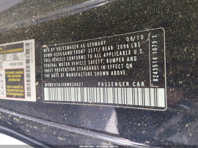 46014881 :رقم المزاد ، WVWEV7AJ5BW026021 vin ، 2011 Volkswagen Gti 2-door مزاد بيع