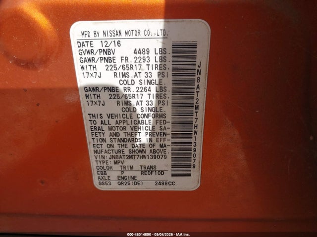 46014890 :رقم المزاد ، JN8AT2MT7HW139079 vin ، 2017 Nissan Rogue Sv مزاد بيع
