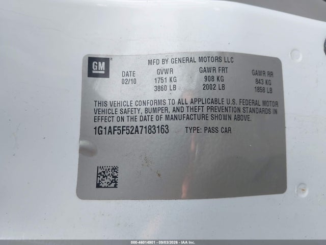 46014901 :رقم المزاد ، 1G1AF5F52A7183163 vin ، 2010 Chevrolet Cobalt Lt مزاد بيع