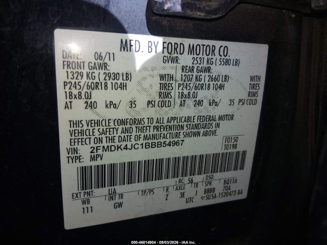 Продаж на аукціоні авто 2011 Ford Edge Sel, vin: 2FMDK4JC1BBB54967, номер лоту: 46014904