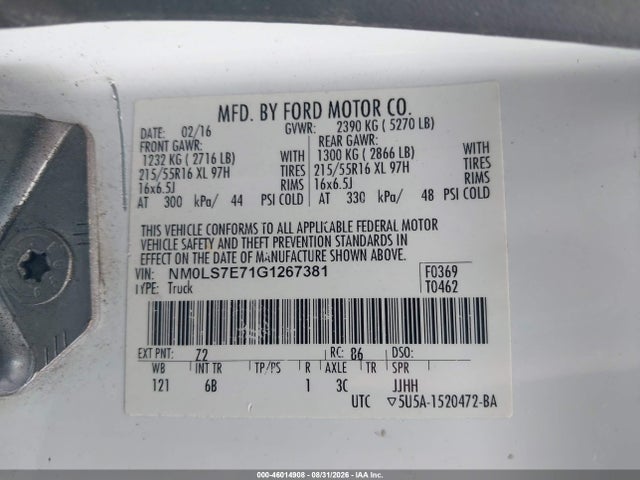 46014908 :رقم المزاد ، NM0LS7E71G1267381 vin ، 2016 Ford Transit Connect Xl مزاد بيع