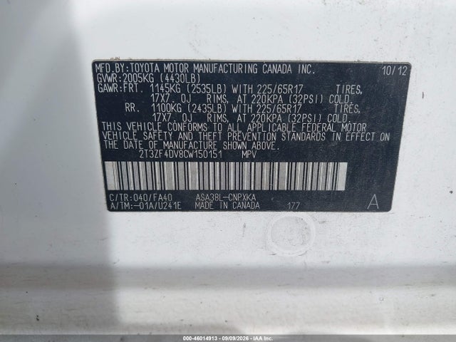 Продажа на аукционе авто 2012 Toyota Rav4, vin: 2T3ZF4DV8CW150151, номер лота: 46014913