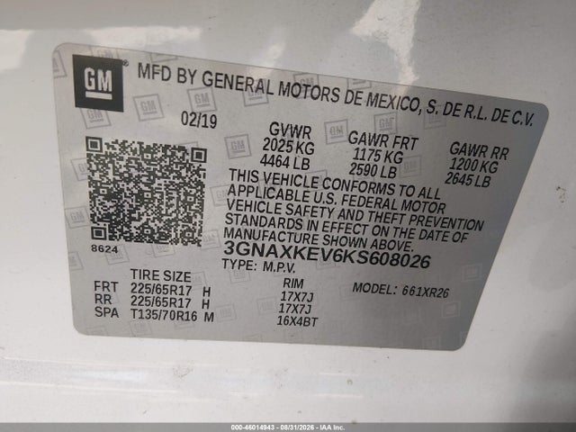 Auction sale of the 2019 Chevrolet Equinox Lt, vin: 3GNAXKEV6KS608026, lot number: 46014943
