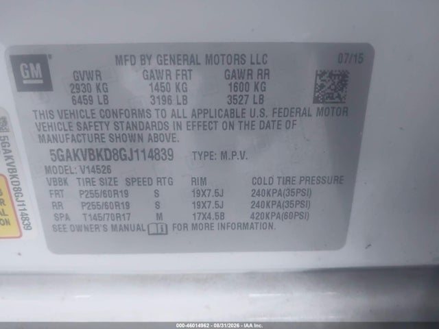 46014962 :رقم المزاد ، 5GAKVBKD8GJ114839 vin ، 2016 Buick Enclave Leather مزاد بيع