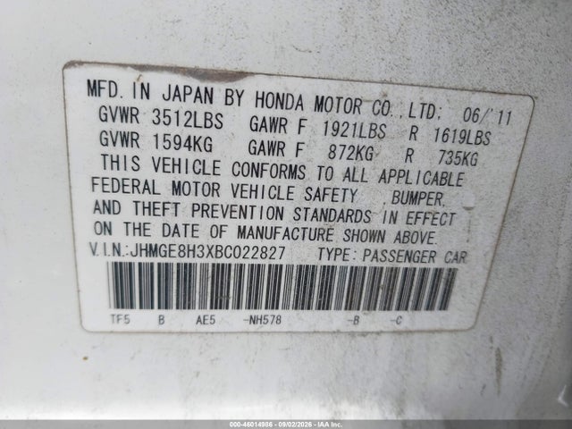 2011 Honda Fit მანქანა იყიდება აუქციონზე, vin: JHMGE8H3XBC022827, აუქციონის ნომერი: 46014986
