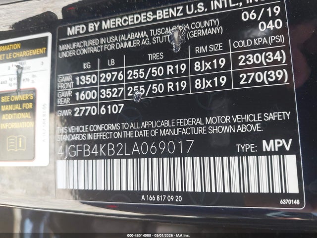 46014988 :رقم المزاد ، 4JGFB4KB2LA069017 vin ، 2020 Mercedes-benz Gle 350 4matic مزاد بيع