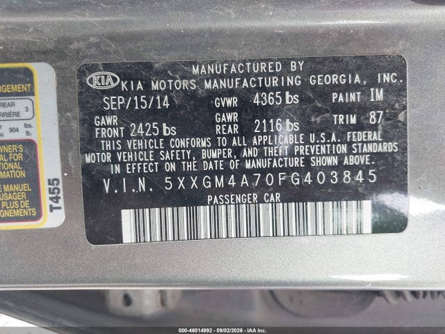 Продажа на аукционе авто 2015 Kia Optima Lx, vin: 5XXGM4A70FG403845, номер лота: 46014992