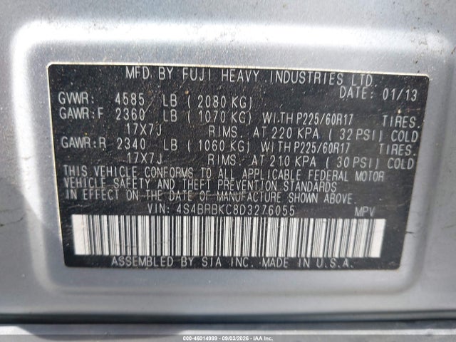 46014999 :رقم المزاد ، 4S4BRBKC8D3276055 vin ، 2013 Subaru Outback 2.5i Limited مزاد بيع
