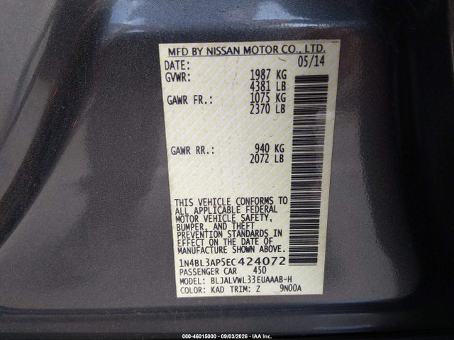 Aukcja sprzedaży 2014 Nissan Altima 3.5 Sl, vin: 1N4BL3AP5EC424072, numer aukcji: 46015000