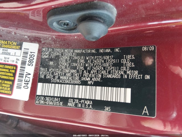 46015003 :رقم المزاد ، 5TDYK4CC8AS309885 vin ، 2010 Toyota Sienna Xle مزاد بيع