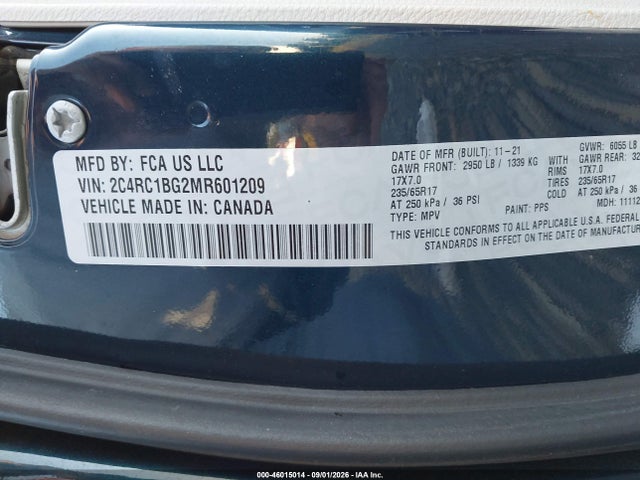 Продаж на аукціоні авто 2021 Chrysler Pacifica Touring L, vin: 2C4RC1BG2MR601209, номер лоту: 46015014