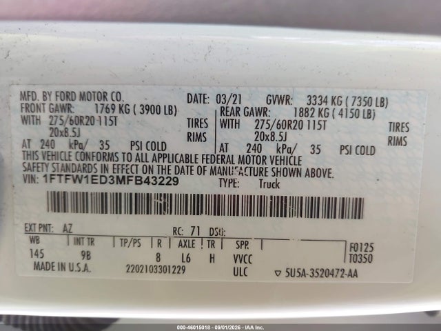 2021 Ford F-150 Platinum მანქანა იყიდება აუქციონზე, vin: 1FTFW1ED3MFB43229, აუქციონის ნომერი: 46015018
