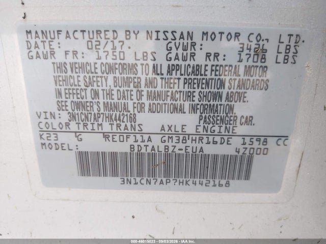 Aukcja sprzedaży 2017 Nissan Versa 1.6 Sv, vin: 3N1CN7AP7HK442168, numer aukcji: 46015023