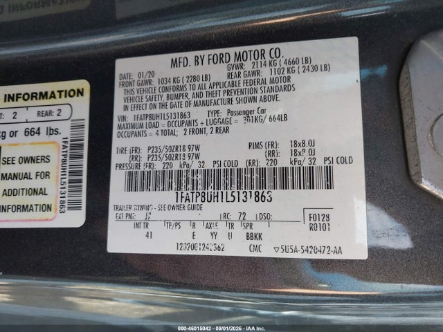 Aukcja sprzedaży 2020 Ford Mustang Ecoboost /ecoboost Premium, vin: 1FATP8UH1L5131863, numer aukcji: 46015042