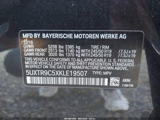 2019 Bmw X3 Xdrive30i მანქანა იყიდება აუქციონზე, vin: 5UXTR9C5XKLE19507, აუქციონის ნომერი: 46015045