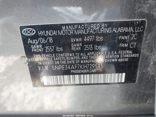 Продаж на аукціоні авто 2019 Hyundai Sonata Limited, vin: 5NPE34AF7KH729545, номер лоту: 46015047