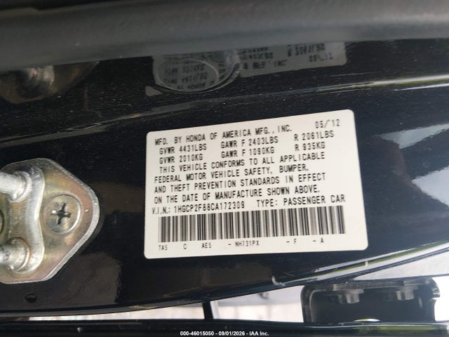 Aukcja sprzedaży 2012 Honda Accord 2.4 Ex-l, vin: 1HGCP2F88CA172309, numer aukcji: 46015050