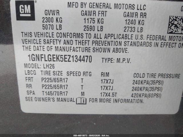 Aukcja sprzedaży 2014 Chevrolet Equinox 2lt, vin: 1GNFLGEK5EZ134470, numer aukcji: 46015073